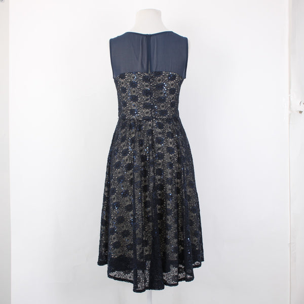 J Taylor Dress Sz 8 Navy Blue Tan Lined Lace Detail Sequin Nylon Poly Spandex