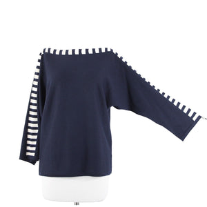 St John Sz S Navy Blue Cream Santana Knit Wool Rayon AS IS Sweater Top