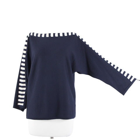St John Sz S Navy Blue Cream Santana Knit Wool Rayon AS IS Sweater Top