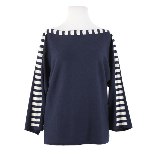 St John Sz S Navy Blue Cream Santana Knit Wool Rayon AS IS Sweater Top