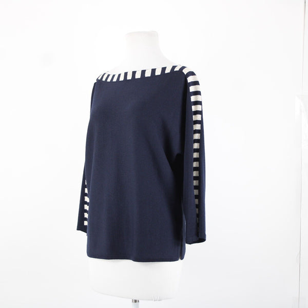 St John Sz S Navy Blue Cream Santana Knit Wool Rayon AS IS Sweater Top
