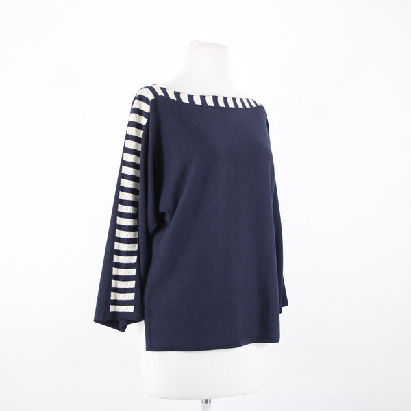 St John Sz S Navy Blue Cream Santana Knit Wool Rayon AS IS Sweater Top