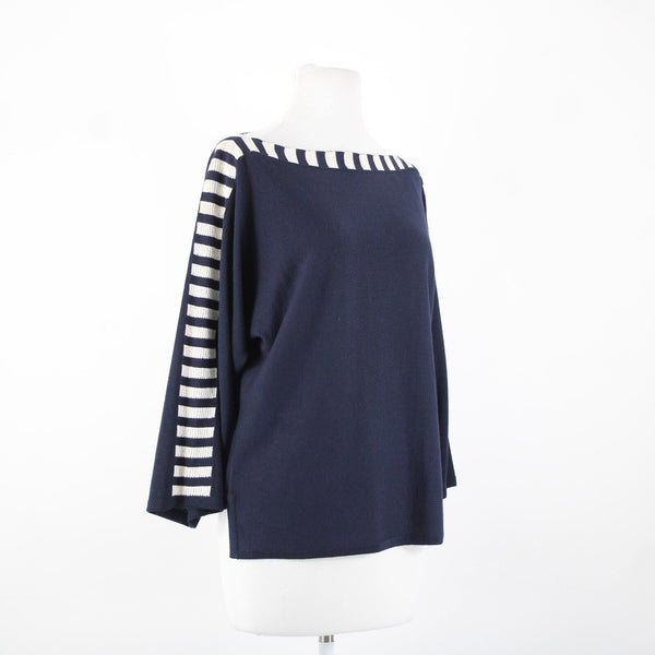 St John Sz S Navy Blue Cream Santana Knit Wool Rayon AS IS Sweater Top