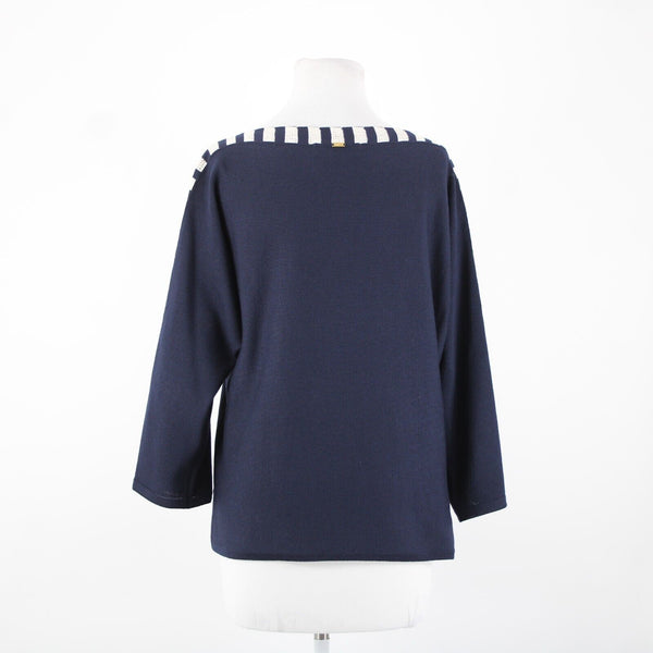 St John Sz S Navy Blue Cream Santana Knit Wool Rayon AS IS Sweater Top