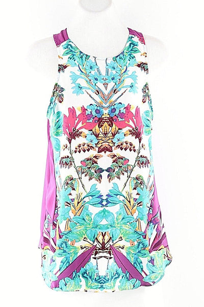 Nicole Miller Sz XS Purple White Aqua Multi 100% Polyester Back Zip Hi Lo Top