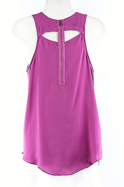 Nicole Miller Sz XS Purple White Aqua Multi 100% Polyester Back Zip Hi Lo Top