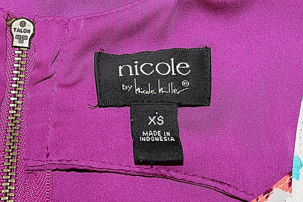 Nicole Miller Sz XS Purple White Aqua Multi 100% Polyester Back Zip Hi Lo Top