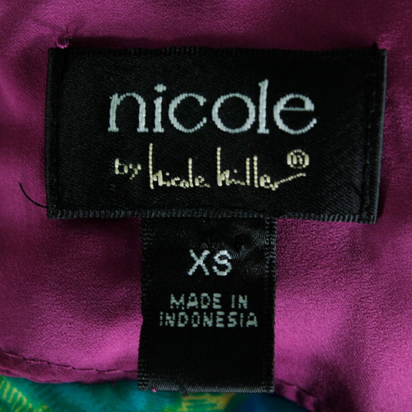 Nicole Miller Sz XS Purple White Aqua Multi 100% Polyester Back Zip Hi Lo Top