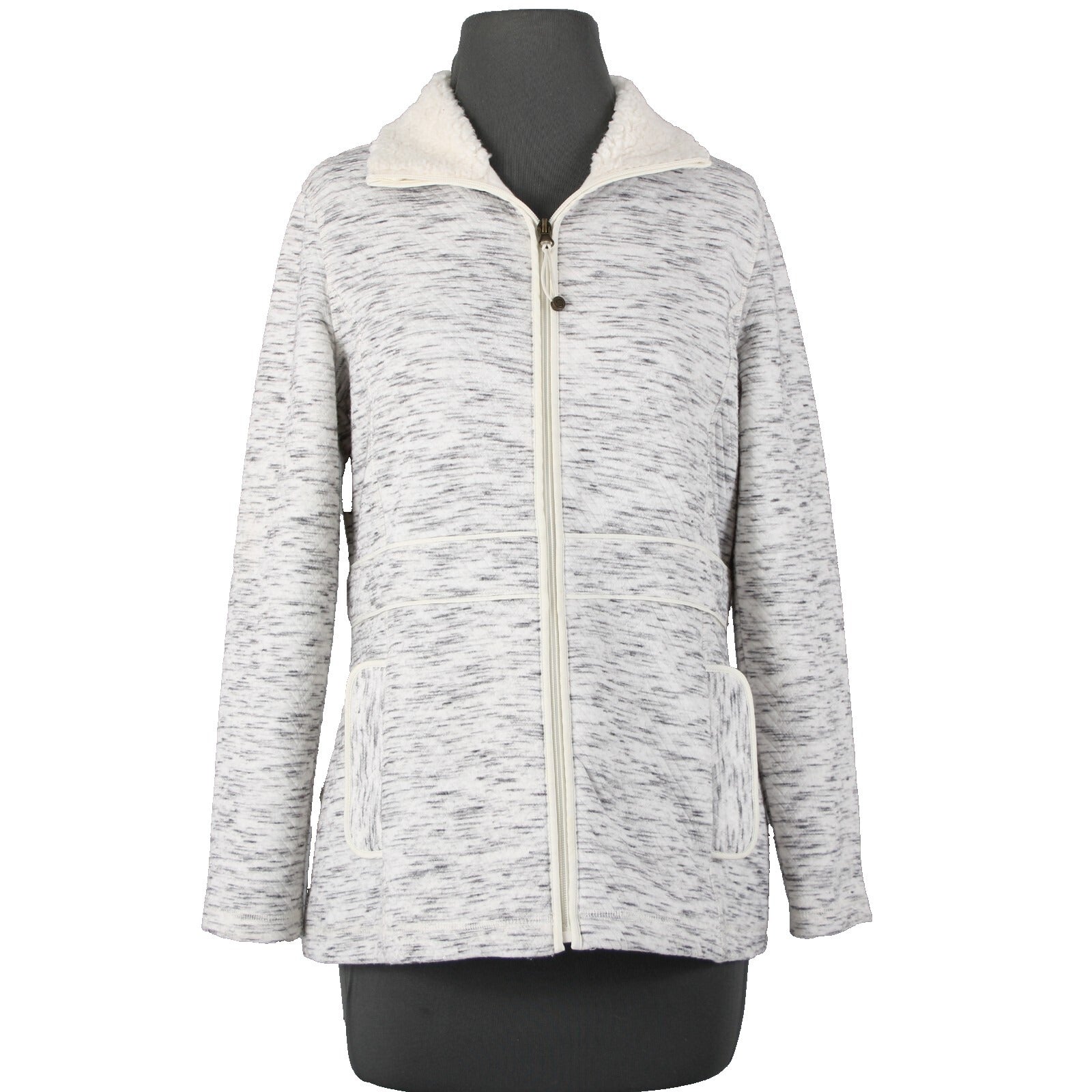 T By Talbots Sz SP White Gray Collared Pockets Zipper Faux Fur Poly Jacket
