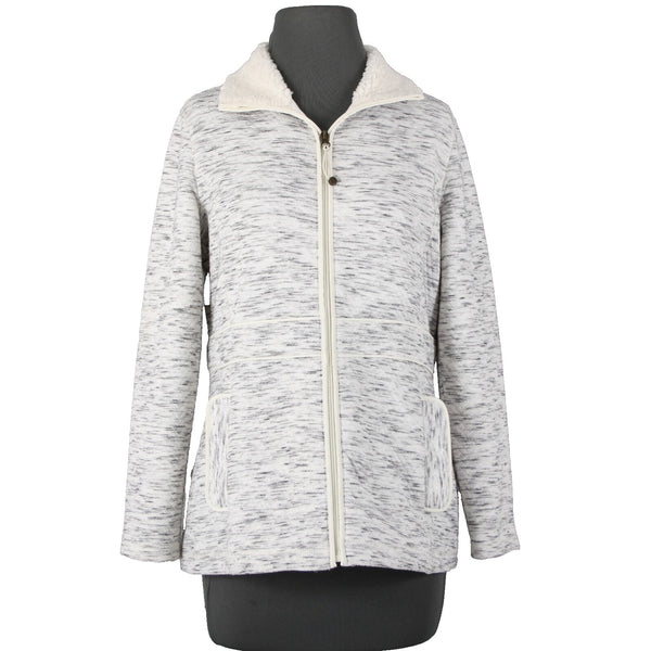 T By Talbots Sz SP White Gray Collared Pockets Zipper Faux Fur Poly Jacket
