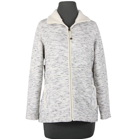 T By Talbots Sz SP White Gray Collared Pockets Zipper Faux Fur Poly Jacket