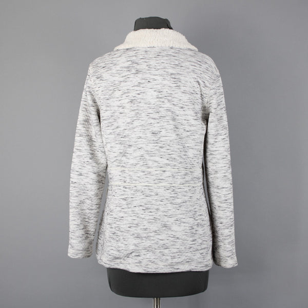 T By Talbots Sz SP White Gray Collared Pockets Zipper Faux Fur Poly Jacket