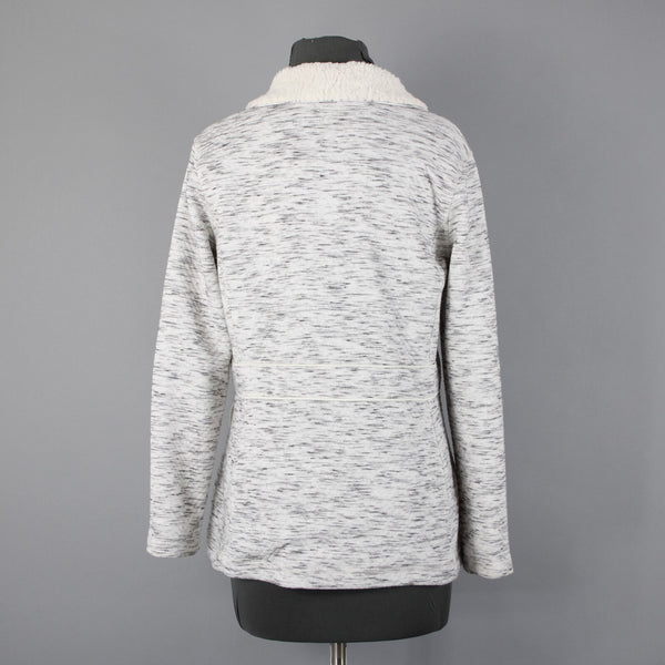 T By Talbots Sz SP White Gray Collared Pockets Zipper Faux Fur Poly Jacket