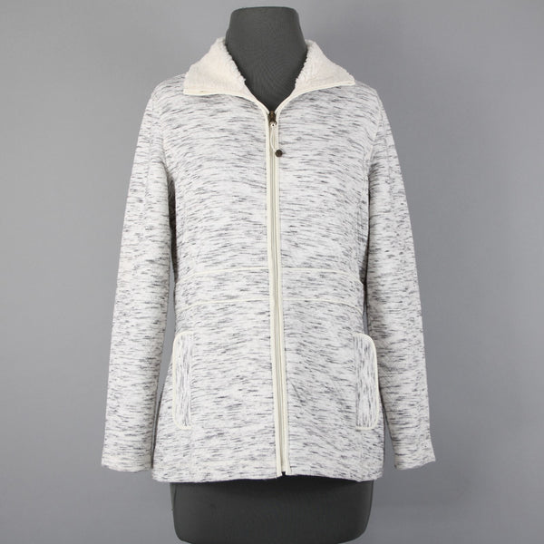 T By Talbots Sz SP White Gray Collared Pockets Zipper Faux Fur Poly Jacket