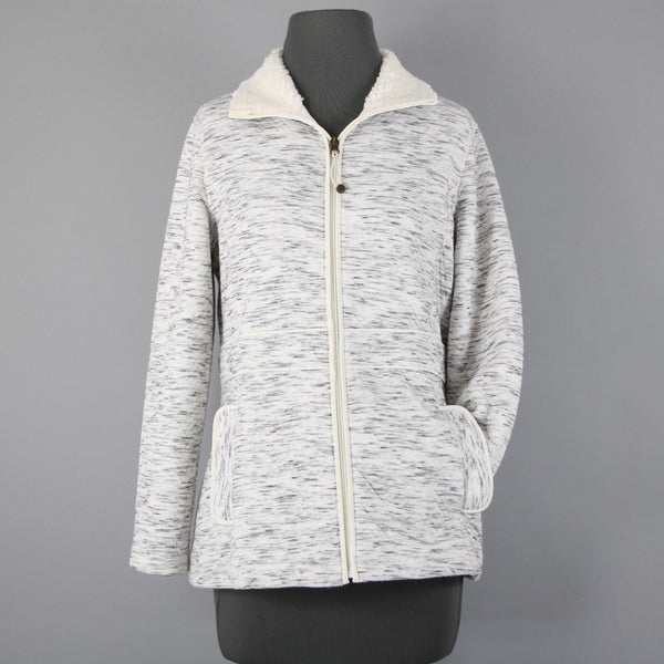 T By Talbots Sz SP White Gray Collared Pockets Zipper Faux Fur Poly Jacket