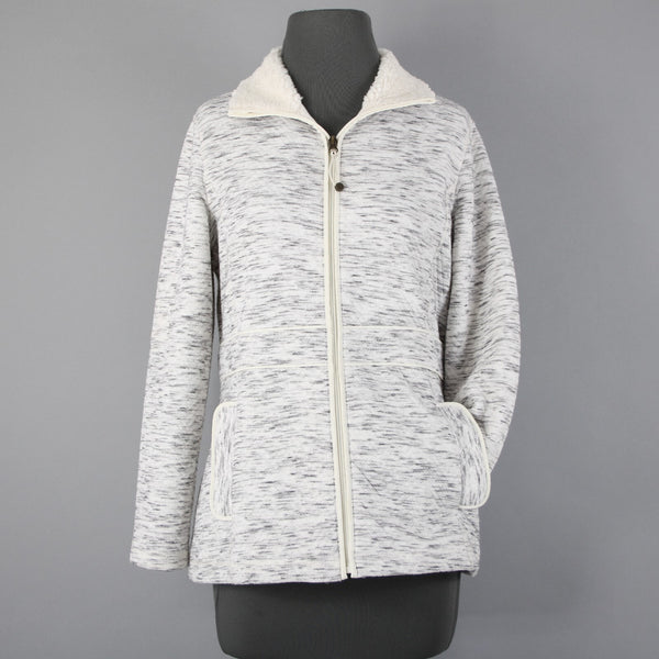 T By Talbots Sz SP White Gray Collared Pockets Zipper Faux Fur Poly Jacket