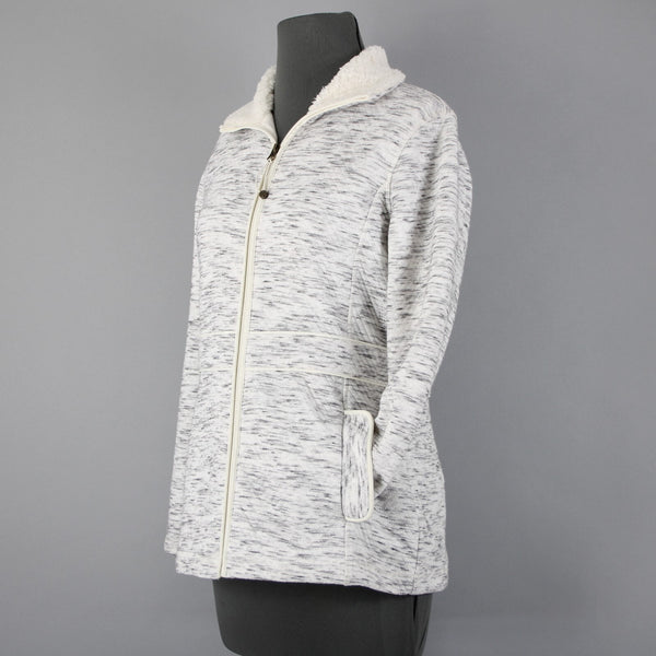T By Talbots Sz SP White Gray Collared Pockets Zipper Faux Fur Poly Jacket