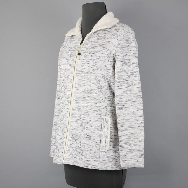 T By Talbots Sz SP White Gray Collared Pockets Zipper Faux Fur Poly Jacket