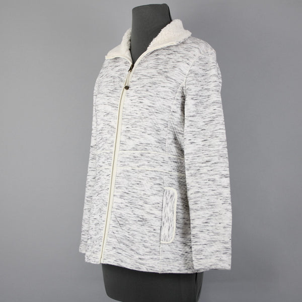 T By Talbots Sz SP White Gray Collared Pockets Zipper Faux Fur Poly Jacket