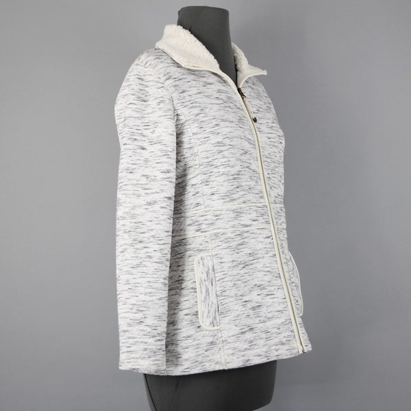 T By Talbots Sz SP White Gray Collared Pockets Zipper Faux Fur Poly Jacket