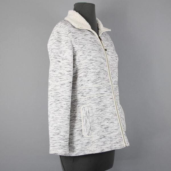 T By Talbots Sz SP White Gray Collared Pockets Zipper Faux Fur Poly Jacket