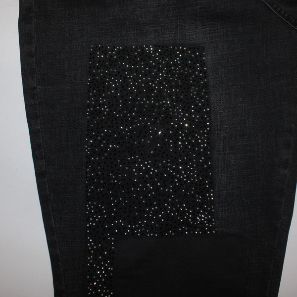 Joseph Ribkoff Jeans Sz 18 x 28 Charcoal Silver Crystal Embellish Raw Hem Jeans