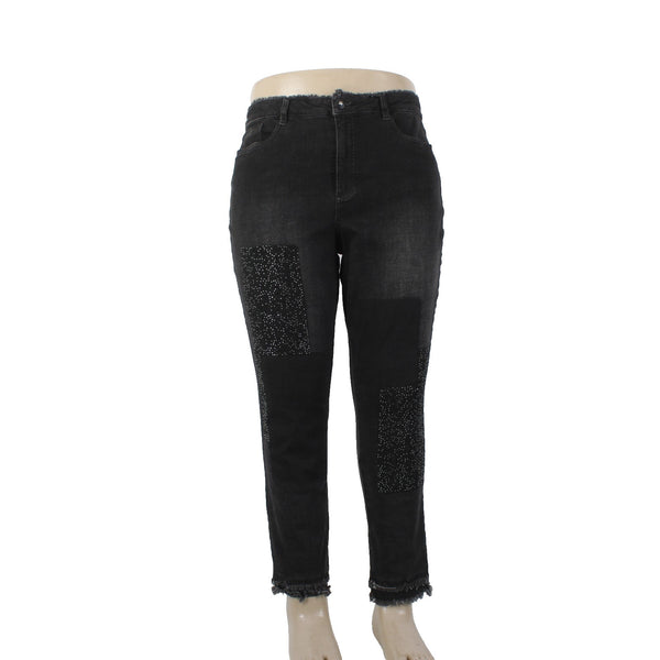 Joseph Ribkoff Jeans Sz 18 x 28 Charcoal Silver Crystal Embellish Raw Hem Jeans