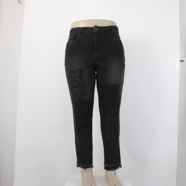 Joseph Ribkoff Jeans Sz 18 x 28 Charcoal Silver Crystal Embellish Raw Hem Jeans