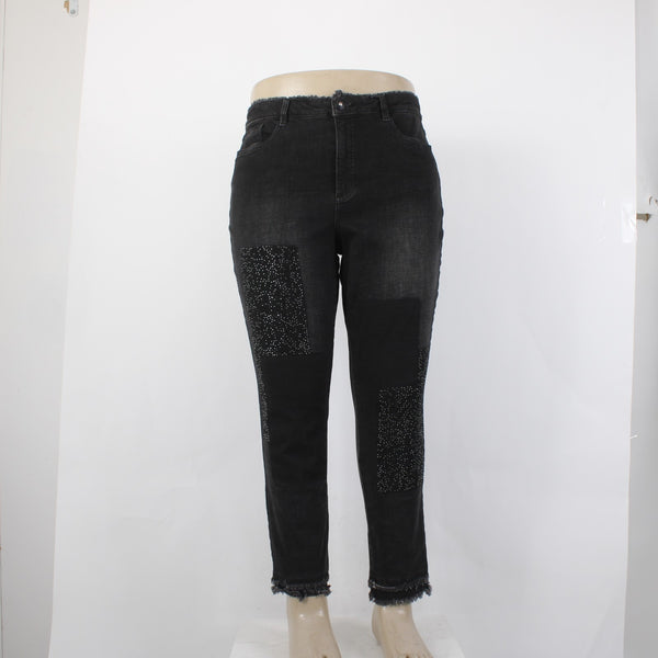 Joseph Ribkoff Jeans Sz 18 x 28 Charcoal Silver Crystal Embellish Raw Hem Jeans