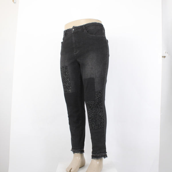 Joseph Ribkoff Jeans Sz 18 x 28 Charcoal Silver Crystal Embellish Raw Hem Jeans