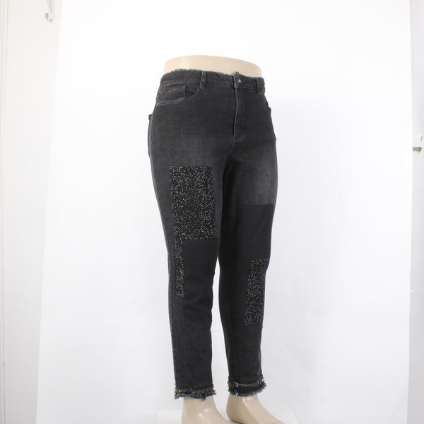 Joseph Ribkoff Jeans Sz 18 x 28 Charcoal Silver Crystal Embellish Raw Hem Jeans