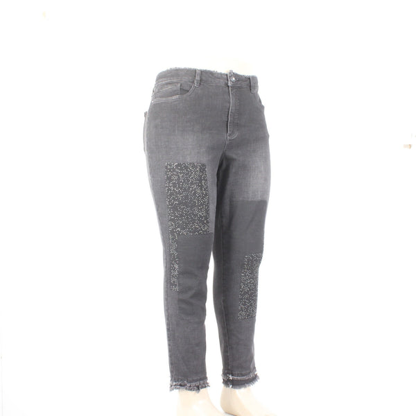 Joseph Ribkoff Jeans Sz 18 x 28 Charcoal Silver Crystal Embellish Raw Hem Jeans