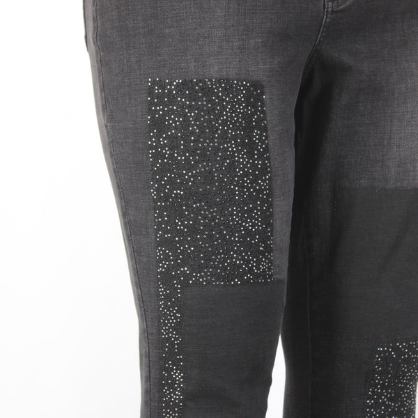 Joseph Ribkoff Jeans Sz 18 x 28 Charcoal Silver Crystal Embellish Raw Hem Jeans