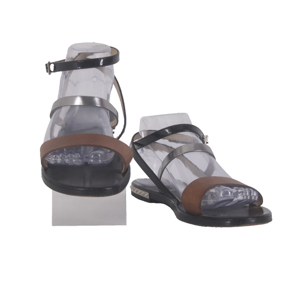 Jimmy Choo Sandals Sz 40 Brown Black Silver Ankle Strap Leather .5" Sandals