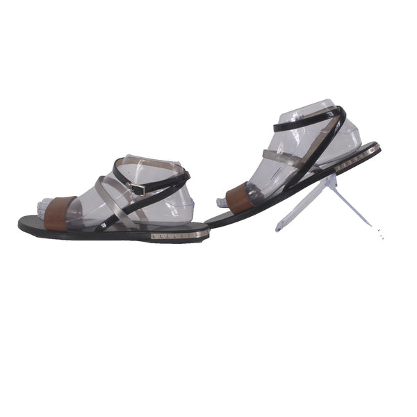 Jimmy Choo Sandals Sz 40 Brown Black Silver Ankle Strap Leather .5" Sandals