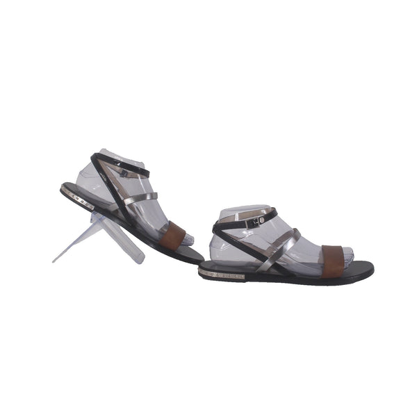 Jimmy Choo Sandals Sz 40 Brown Black Silver Ankle Strap Leather .5" Sandals