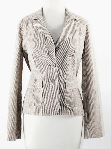 Halogen Sz 8 Taupe Cream Stripe 2 Button Ribbon Belted Cotton Blend Jacket