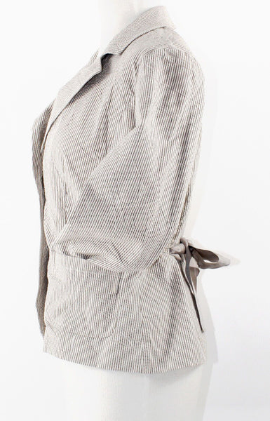 Halogen Sz 8 Taupe Cream Stripe 2 Button Ribbon Belted Cotton Blend Jacket