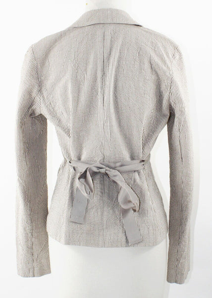 Halogen Sz 8 Taupe Cream Stripe 2 Button Ribbon Belted Cotton Blend Jacket