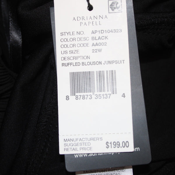 Adrianna Papell Jumpsuit NEW $199 Sz 22W x 29 Black Ruffled Blouson Polyester