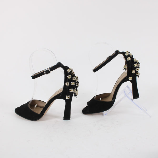 BCBG MaxAzria Sz 5.5 Black Suede w 1" Dangling Rhinestone Balls on 4" Heels