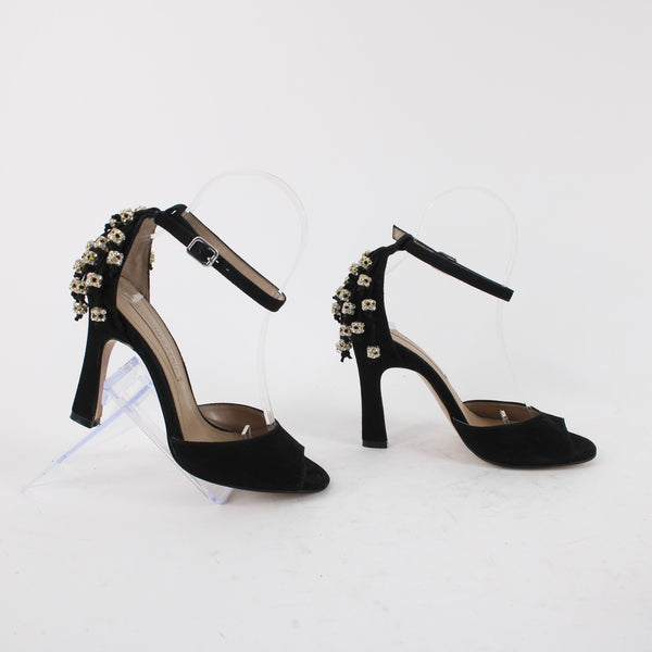 BCBG MaxAzria Sz 5.5 Black Suede w 1" Dangling Rhinestone Balls on 4" Heels