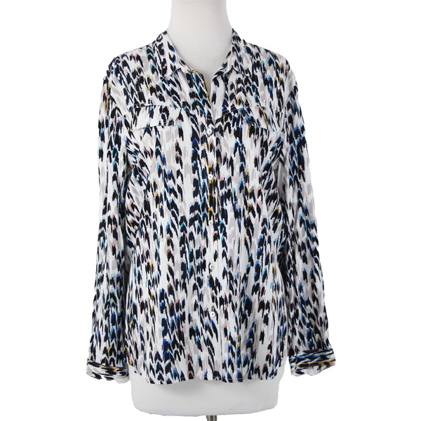 Nic Zoe NEW $148 Sz L Blue Multi Color Long Sleeve Button Up Rayon Spandex Top
