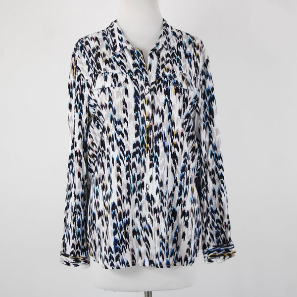 Nic Zoe NEW $148 Sz L Blue Multi Color Long Sleeve Button Up Rayon Spandex Top