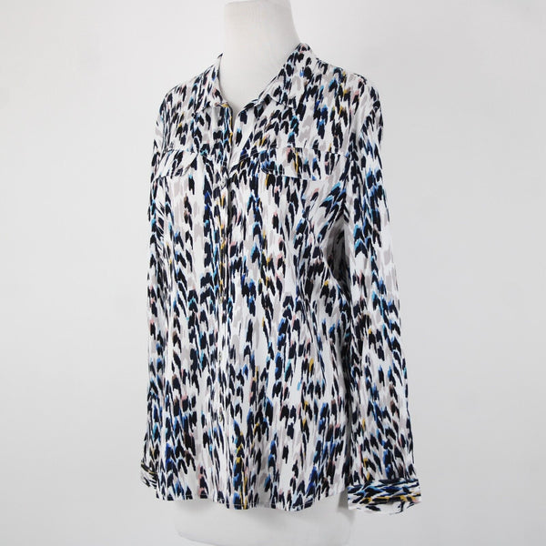 Nic Zoe NEW $148 Sz L Blue Multi Color Long Sleeve Button Up Rayon Spandex Top