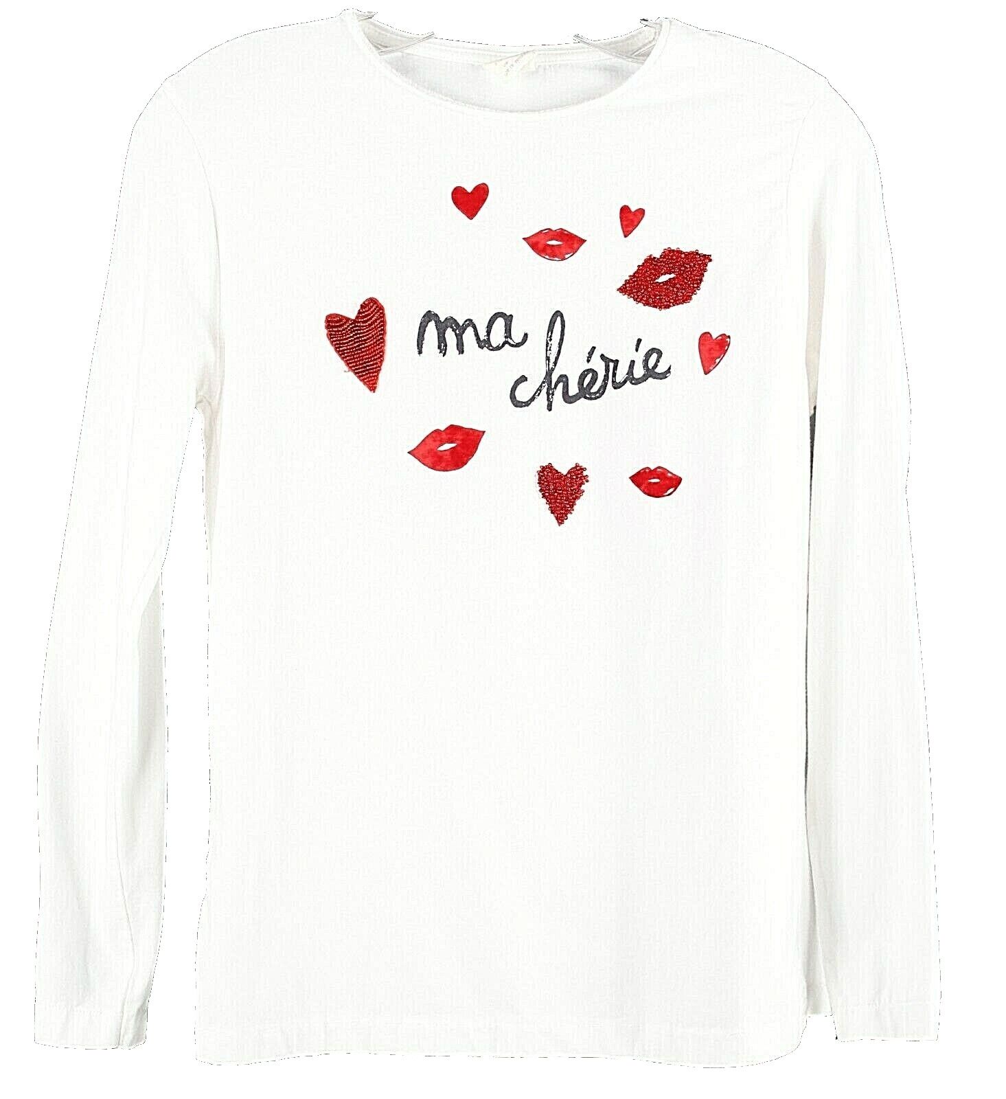 Zara Kids Sz 14 Girls White Red Black Lips Hearts 'ma cherie' Cotton Top