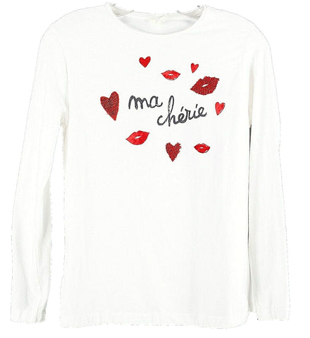 Zara Kids Sz 14 Girls White Red Black Lips Hearts 'ma cherie' Cotton Top