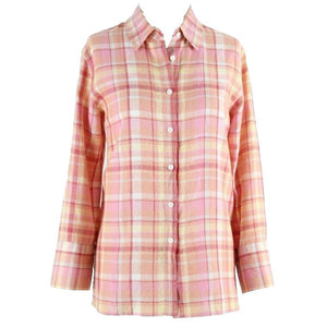 Charter Club Sz 8 Pink Orange Multi Plaid Button Up 100% Linen Shirt