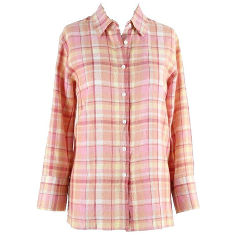 Charter Club Sz 8 Pink Orange Multi Plaid Button Up 100% Linen Shirt