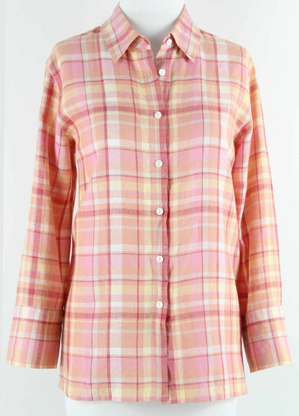 Charter Club Sz 8 Pink Orange Multi Plaid Button Up 100% Linen Shirt